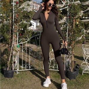 OQQ Long Sleeve Zip Front Jumpsuit - Brown